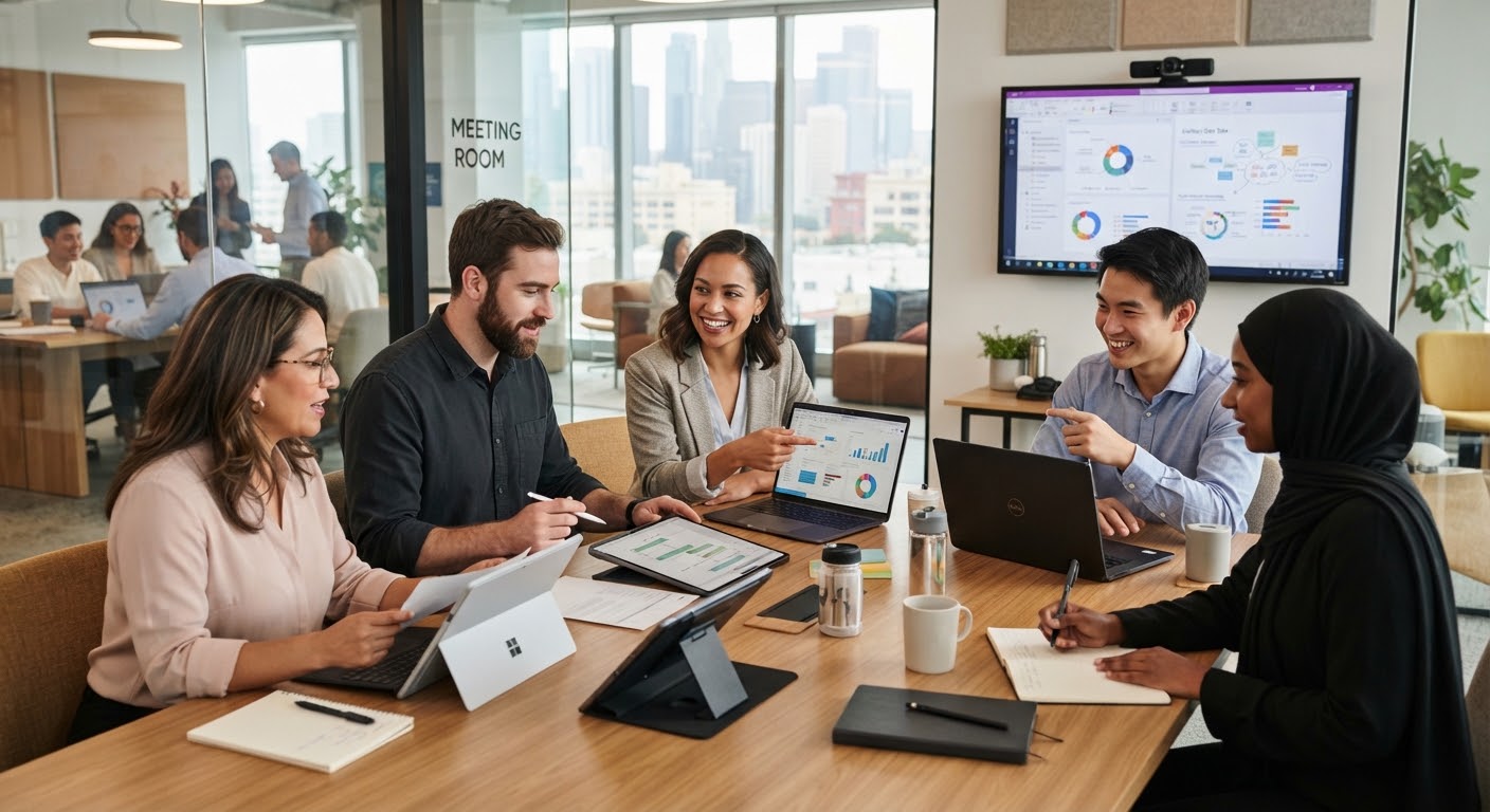 Equipo colaborando en oficinas digitales